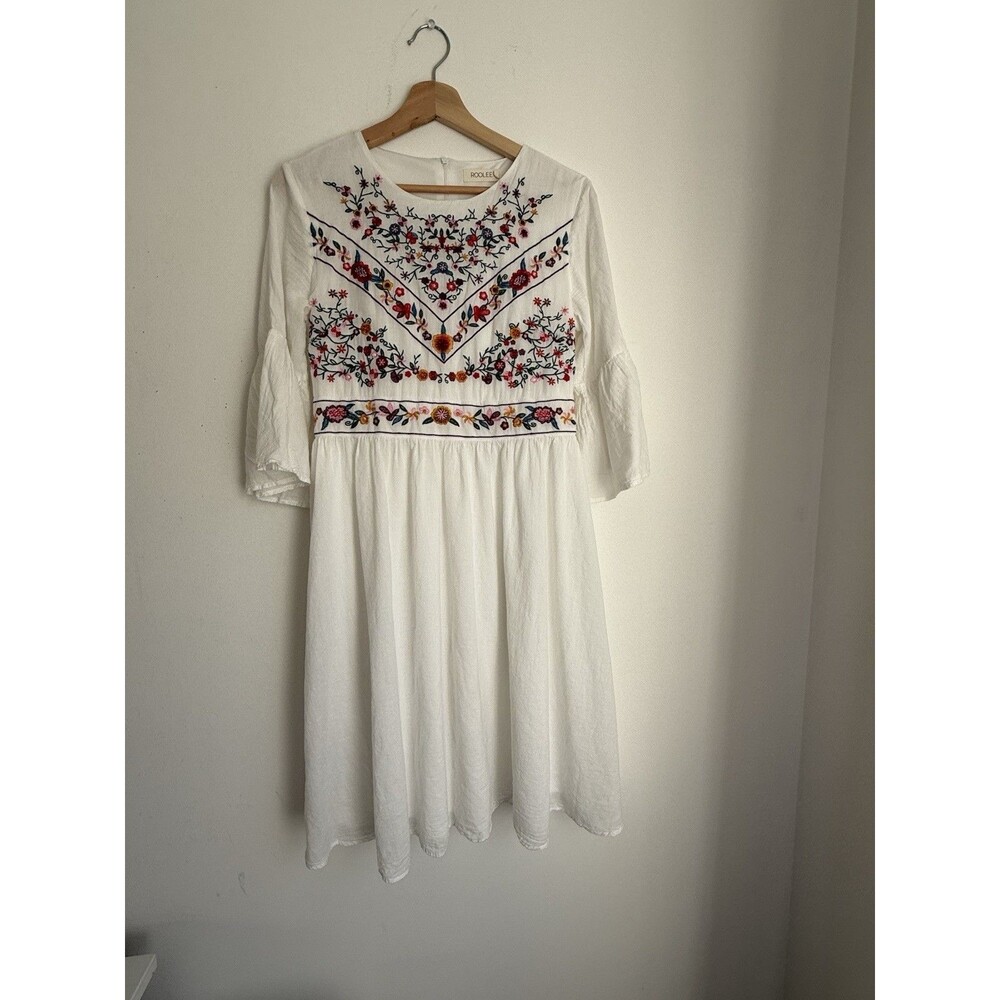 ✿ Roolee White Embroidered Boho Dress Size S — 100% Soft Cotton